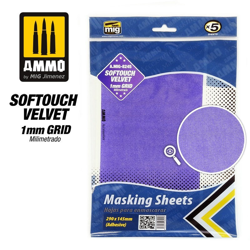 AMMO Velvet Softouch Masking Sheets 1mm Grid (x5 sheets, 290mm x 145mm, adhesive) 8245
